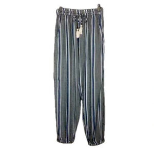 Angie Boho  Striped Pants Blue White Black S Elastic Waistband Tassels Pockets